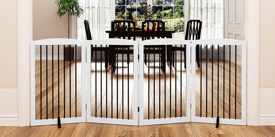 PUPETPO Freestanding Pet Gate for Dogs, Indoor Wooden Dog Gate for House, Foldable Dog Gate for Doorway, Stair, Gates for Dogs Indoor, 80 Inch Wide, 4 Panels 32", White