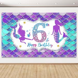 Eiurteao Mermaid 6th Birthday Banner Decorations for Girls, Little Mermaid Themed Happy 6 Birthday Background Sign Party Supplies, Under The Sea 6 Year Old Bday Photo Props Decor for Outdoor Indoor