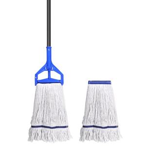 Loop-End String Mop Heavy Duty Commercial Industrial Mops with 2 Extra Mop Heads Replacement, 59 Inch Cotton Wet Mop for Floor Cleaning Blue