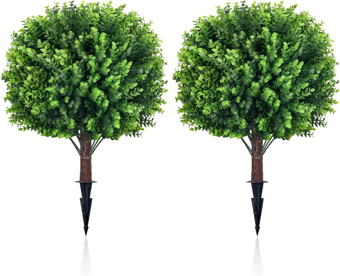 Artificial Topiary Tree with Eucalyptus, Set of 2 UV Resistant 17in Miniature Trees, Outdoor for Porch, Fake Bonsai Topiaries, Greenery Balls, Faux Shrubs for Planters, Curb Appeal Decor