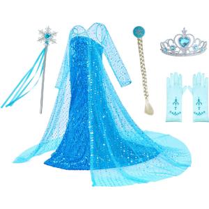 Luxury Princess Dress Costumes with Shining Long Cape Girls Birthday Party (3-4 Years, Blue-1)