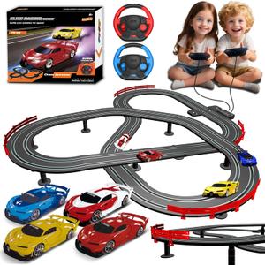 Slot Car Race Track Set with 4 Light-Up Cars, 2 Speed Adjustable Steering Wheel Controllers, 16.7ft Track with Overpass, Lap Counter, Dual Power Mode, Gift for Boys Girls Age 8+