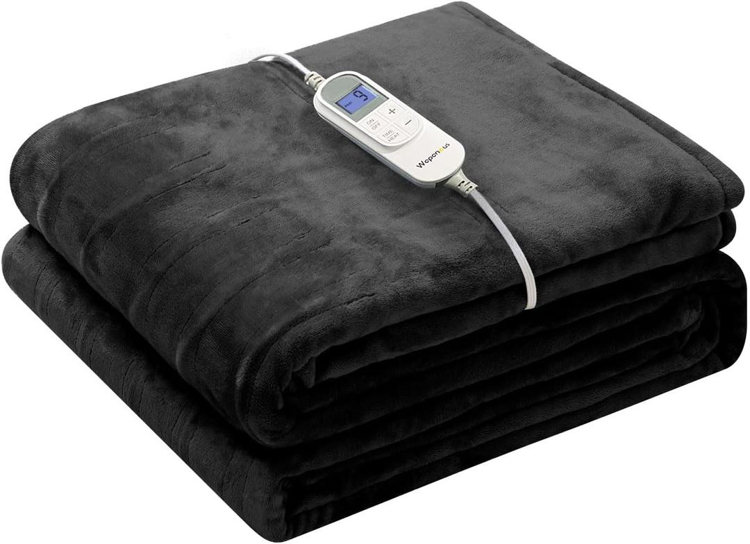 Wapaneus Foot Pocket Heated Blanket Electric Throw with 10 Heating Levels and 4 Timer Settings 4 Hours Auto Shut Off, Flannel Fast-Heating Heated Throw 50" x 60", Machine Washable, Black