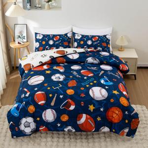Btargot 3 Piece Navy Rugby Ball Comforter Set for Boys Teens, Sports Football Basketball Reversible Bedding Set, Full