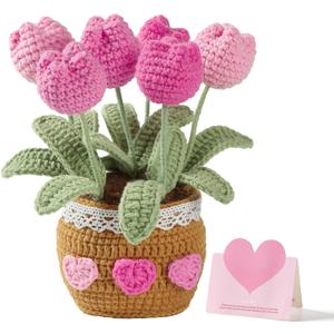 Teacher Appreciation Gifts Crochet Flowers Tulips Thank You Gift for Women Retirement Graduation Gifts Home Desk Decor (Pink)