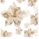 WILLBOND 36 Pieces Christmas Poinsettia Glitter Faux Flowers Christmas Artificial Flowers Tree Ornaments Topper Xmas Decorations(Gold)