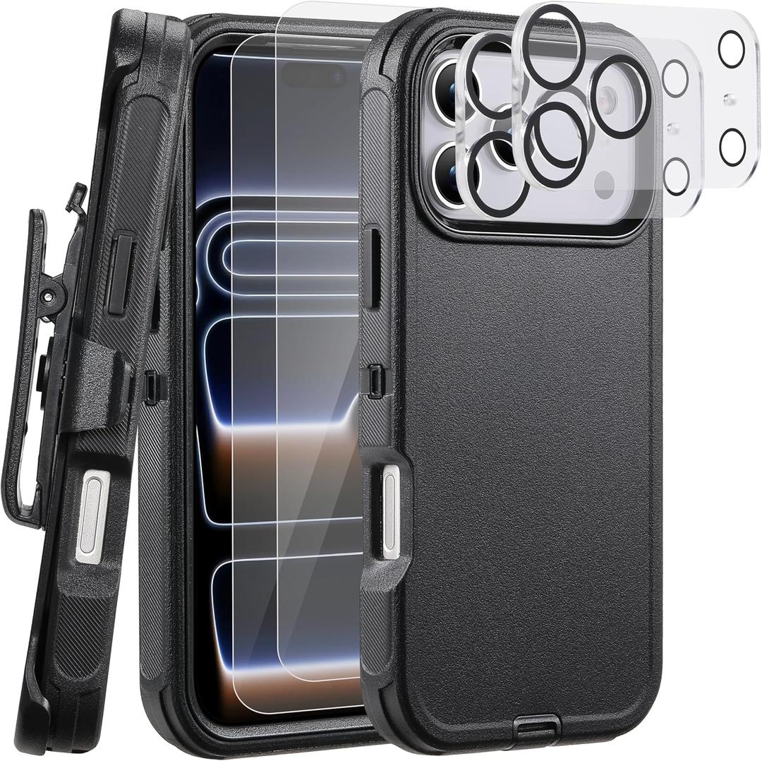 WallSkiN Rugged Case for iPhone 17 Pro Max (Black)  Complete Kit with 2 Screen Protectors + 2 Camera Lens Protectors, Heavy-Duty Shockproof Case with 360 Rotatable Holster & Kickstand