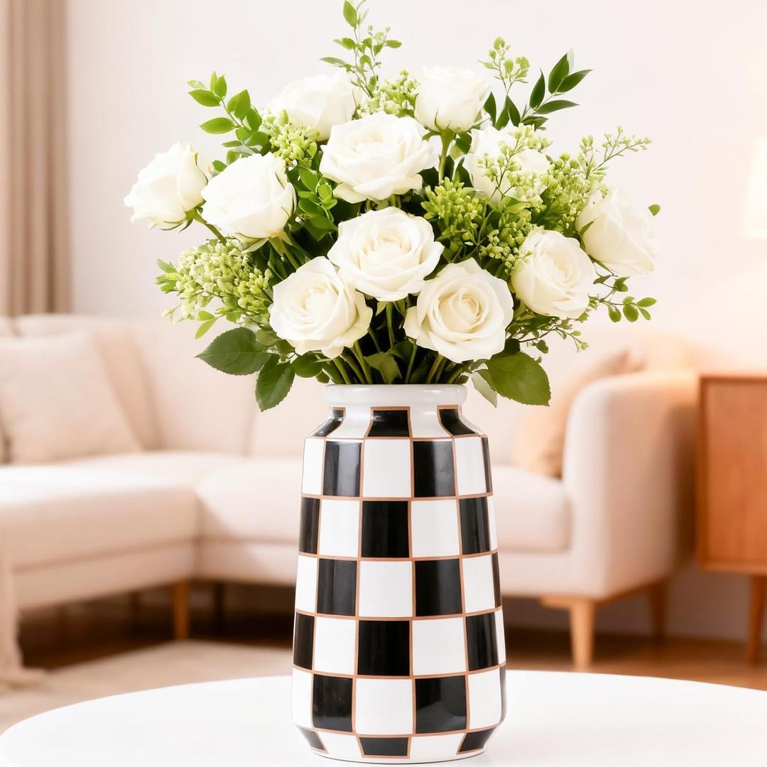 Checkerboard Ceramic Vase - Porcelain Black and White Checkered Decorative Vases for Home Decor,Elegant Flower&Pampas Grass for Centerpieces,Thanksgiving/Halloween for Living Room Kitchen