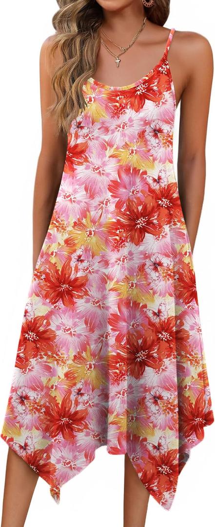 Zeagoo Women Summer Midi Dresses 2026 Hawaiian Bohemian Beach Cover Up Sundress Spaghetti Strap Casual Dress with Pockets (Large, Red Yellow)