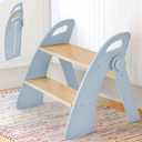 Wooden 2 Step Stool for Toddlers, Foldable 2-Step with Non-Slip Pads and Handles, Bamboo Step Stool for Kids Bathroom Sink and Potty Training, Kitchen Helper, Nursery Bedroom(Blue)