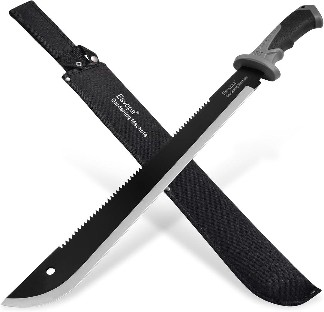 Machete for Bushcraft, 24 inch Survival Knife with Saw for Yard Work, Gardening Heavy Duty Machete with No-Slip Handle and Sheath for Hunting, Outdoor Tree Cutting Esvopa