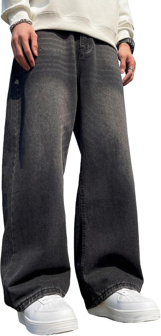 Hip Hop Baggy Jeans for Men Stylish Wide Leg Skater Jeans Loose Fit Denim Pants Streetwear (Large, A20 Black)