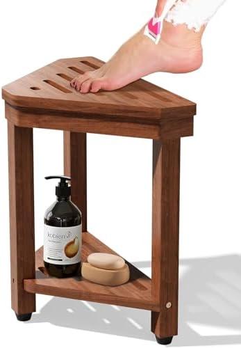 Shower Foot Rest 15 in, Acacia Shower Stool for Shaving Legs,Corner Bath Shower Bench with Starage Shelf for Inside Small Shower Spaces