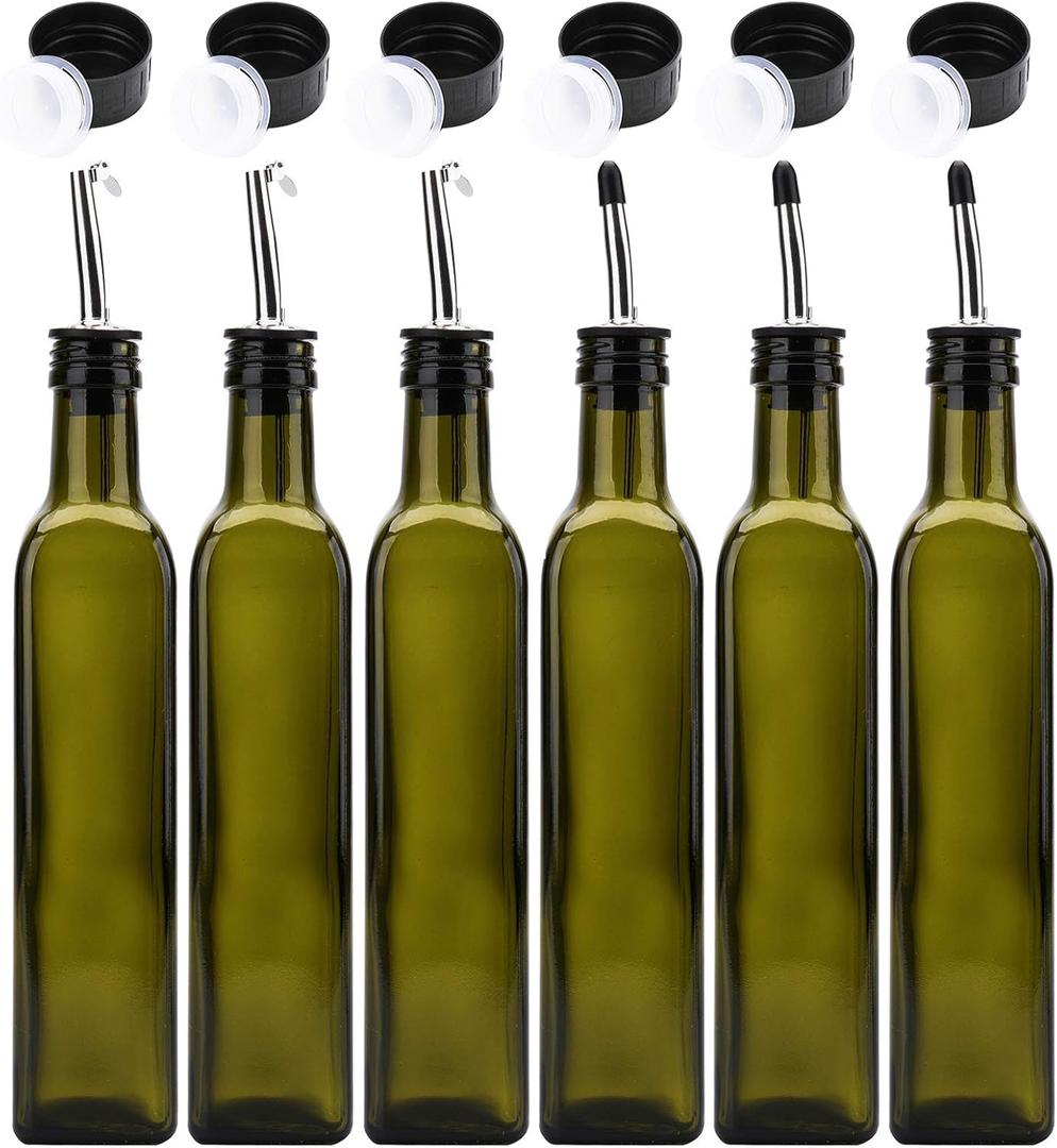 Kingrol 6 Pack 8 oz Glass Olive Oil Dispenser Bottles, Oil and Vinegar Cruets with Stainless Steel Pourer Spouts, Non-Drip Oil Bottles for Kitchen