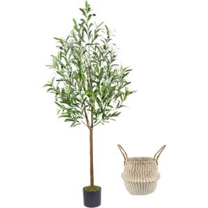 Warmplants Artificial Olive Tree, 4ft Tall Fake Olive Leaves Plant with Basket, Indoor Outdoor Faux Olive Topiary Silk Tree for Home Livingroom Office Décor