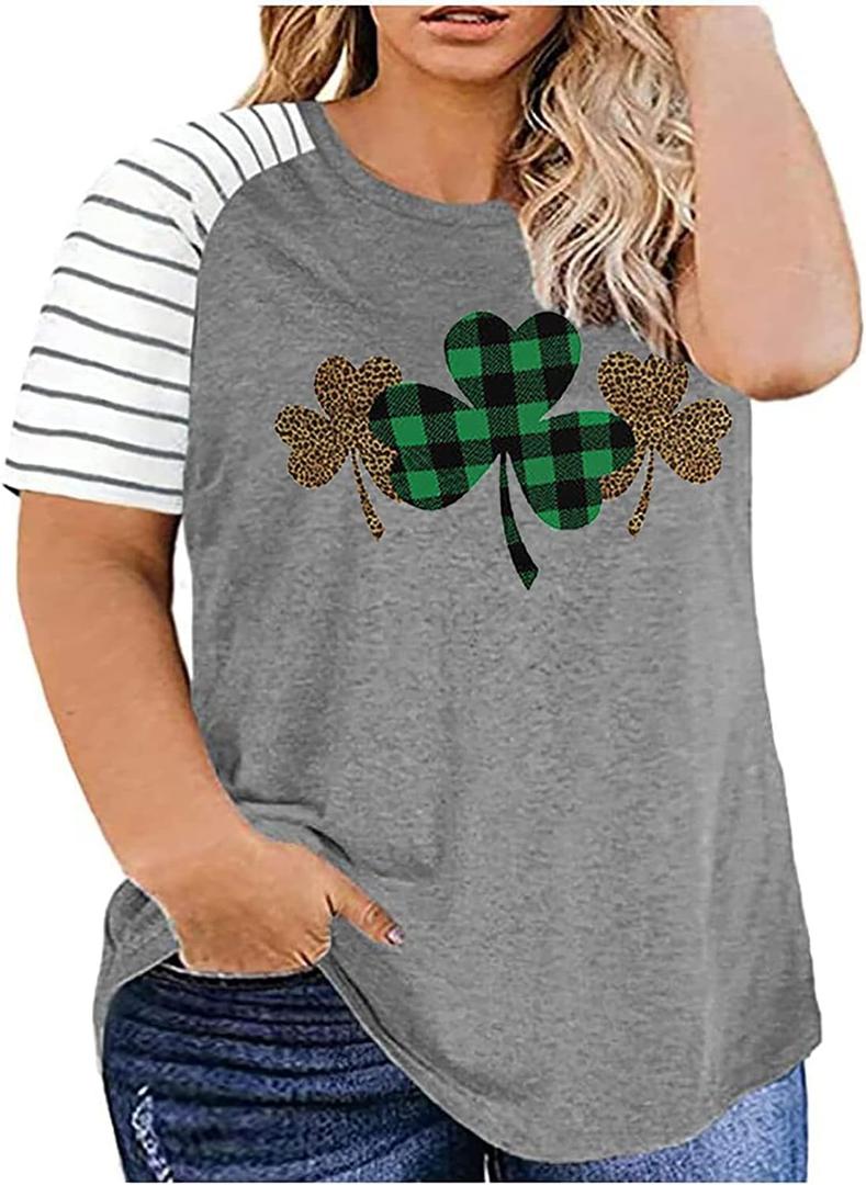 Plus Size St. Patrick's Day T-Shirt Women Cute Gnomes Shamrock Printed Shirt Tops Short Sleeve Casual Graphic Tees (X-Large Plus, Gray 2)