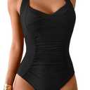 B2prity One Piece Swimsuit for Women Tummy Control Bathing Suits Ruched Slimming Swim Suit Push Up Tie Back Swimwear (XL, Black)