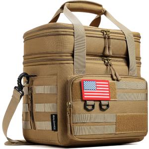 RalChyez Tactical Lunch Bag, 20L Large Heavy Duty Double Deck Insulated Lunch Box Leakproof Expandable Tote Cooler with Shoulder Strap for Adult Men Women Work Fishing Picnic Travel Tan