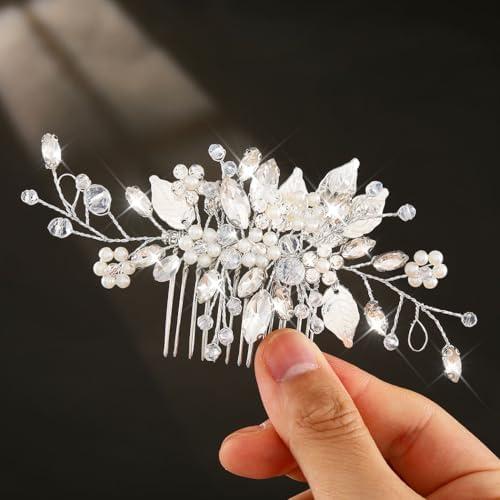 JEAIRTS Crystal Hair Comb Silver Bridal Pearl Headpiece Wedding Hair Accessories for Women