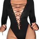 WDIRARA Women's Lace Up Deep V Neck Bodysuit Long Sleeve Criss Cross Sexy Body Suit (Black, S)