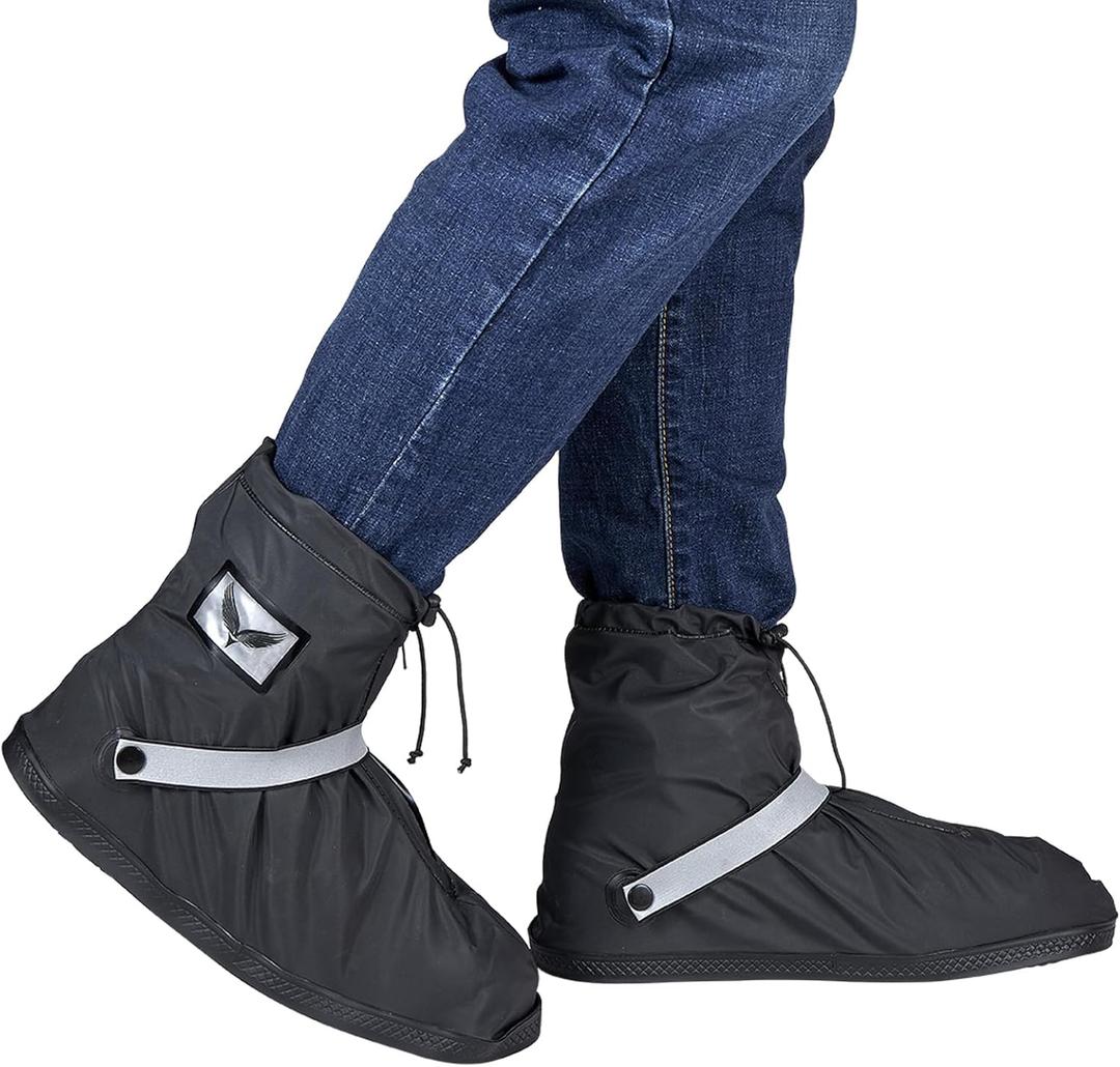 Waterproof Rain Boot Shoe Covers for Men Women with Reflector, Black Non-slip Reusable Boot Covers with Side Zipper, Foldable Anti-Snow Shoe Covers Rainproof Overshoes Over Shoes Galoshes (X-Large, Short-Style)