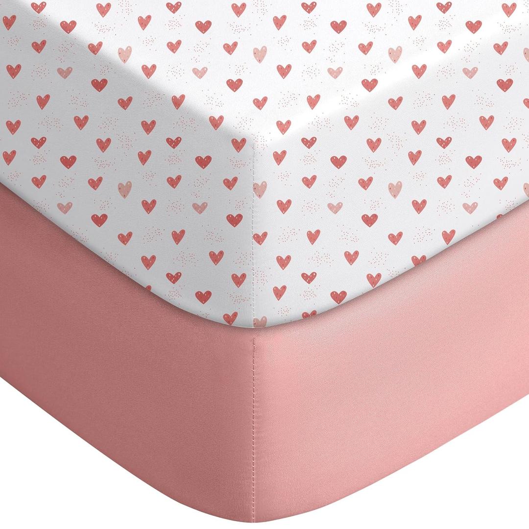 Yoofoss Pack and Play Sheets Fitted, Mini Crib Sheets 2-Pack for Pack N Play Mattress, Stretchy Playard Sheet, Soft and Breathable Pink+Love