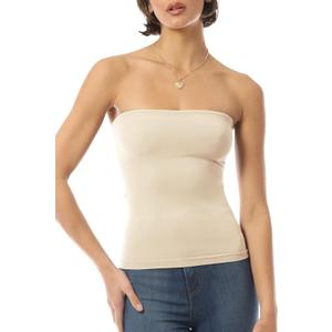 Design by Olivia Women's Basic Casual Seamless Stretch Long Bandeau Tube Top with Built-in Shelf Bra (Ivory)
