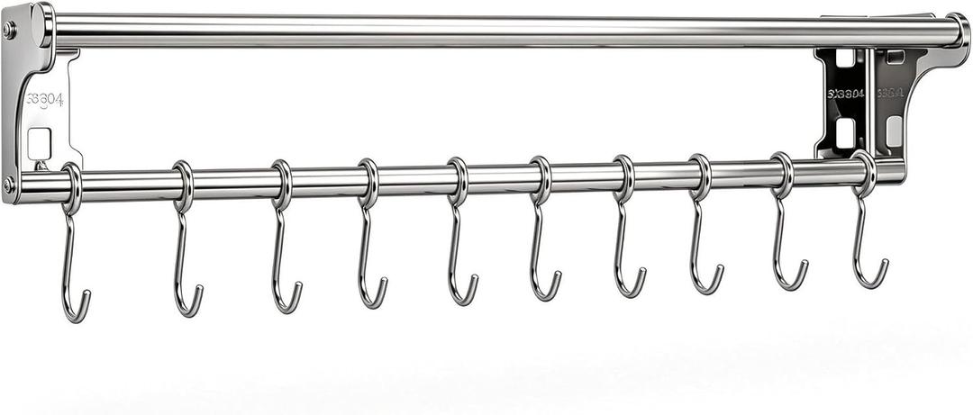 Stainless Steel Kitchen Utensil Holder with Hooks & Paper Towel Rack – Wall Mounted Organizer for Knives, Spoons,Spatula&Towels (19.658 inches+10 Hooks)
