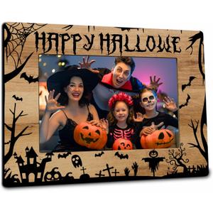 Happy Halloween Photo Frame - Wooden Photo Frame, Can Hold 4" x 6" Photos, Castle Cemetery Horror Atmosphere Theme Decorations, For Photo Display, Home, Office Decoration or As Gift - A02