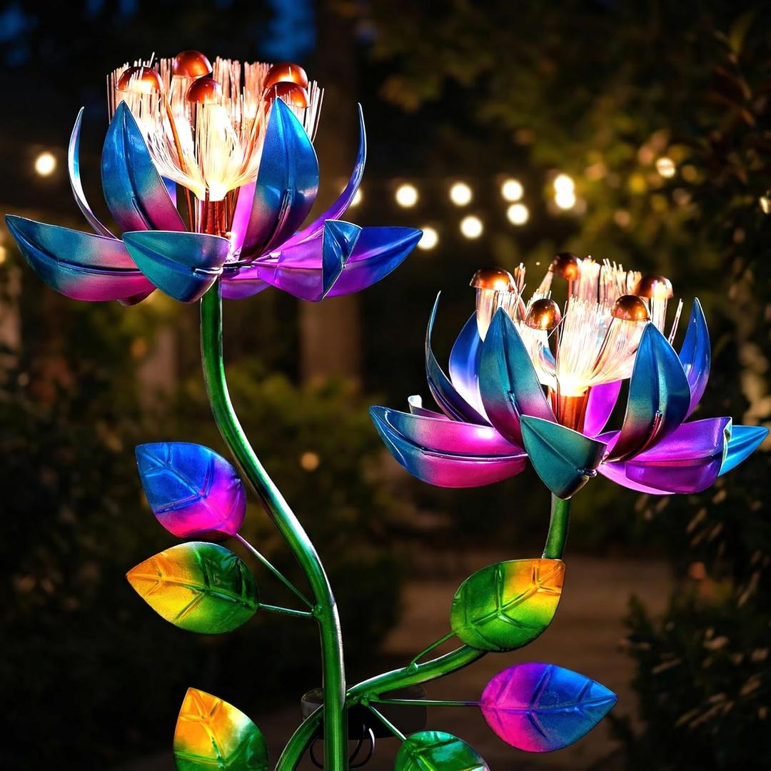 Solar Wind Spinner Outdoor Metal Garden Decor  2-in-1 Kinetic Double Lotus Flower Stake with Glowing Fiber Optic Lights, Multi-Color Spinning Yard Art Sculpture for Patio, Lawn, and Pathway