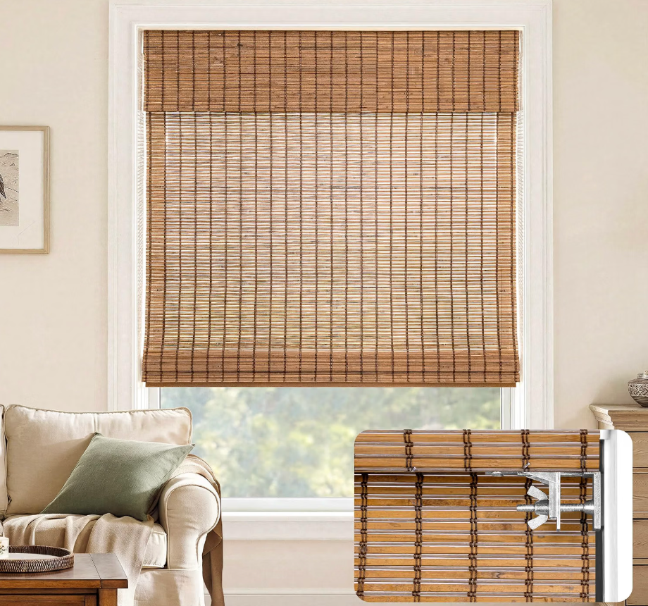 LazBlinds No Drill Bamboo Roman Shades, 27" W x 64" H, Malay Umber