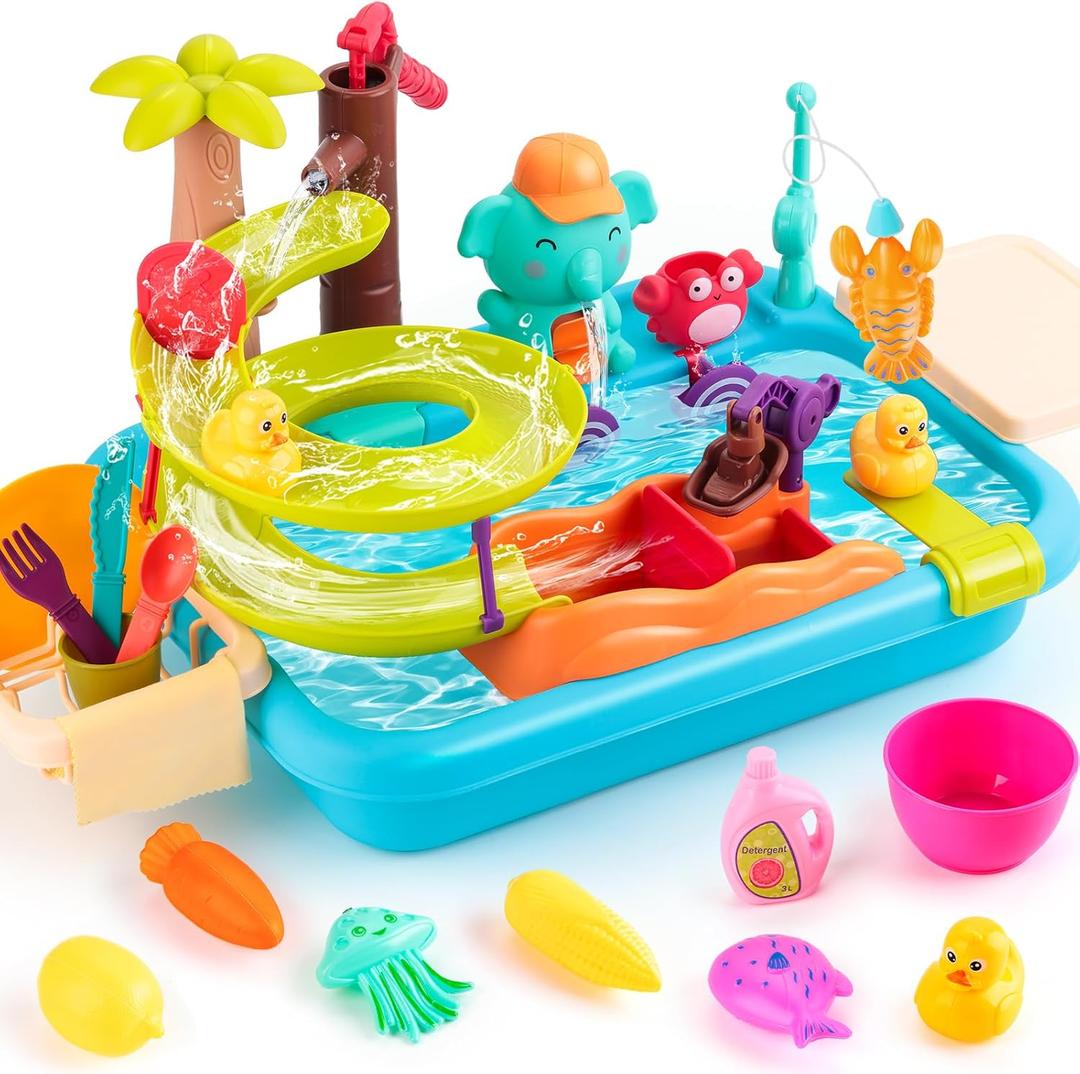 Juboury Play Sink with Running Water, Kitchen Sink Toys with Manual Faucet, Unique Water Slide Track, Pool Floating Magnetic Fishing Toys, Pretend Play Kitchen Accessories for Kids Girls Boys Toddlers