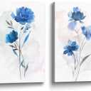 Bedroom Flower Canvas Wall Art: 2 Pieces Navy Blue Floral Prints Artwork Vintage Wildflower Bouquet Botanical Abstract Picture Painting for Living Room Bathroom Home Office