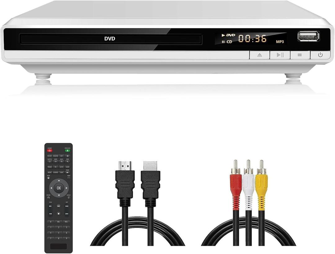 DVD Player for TV, Region-Free DVD CD Player for Home with HDMI RCA Output USB Input, Plays All Regions and Multi-Format, 1080P HD Compact DVD Player for Family Movies, Built-in PAL NTSC (White 168)