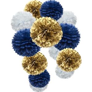 Gold Royal Blue and White Paper Flower Tissue Pom Poms for Birthday Baby Shower Graduation Bachelor Retirement Theme Party, 12pc