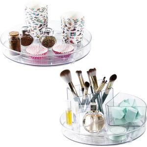 2 Pack Lazy Susan 9.25" Inch Turntable Organizer Pantry Organization and Storage Container Bins Spice Rack Cabinet Rotating Condiment for Pantry Kitchen Vanity Bathroom Jewelry Holder Clear