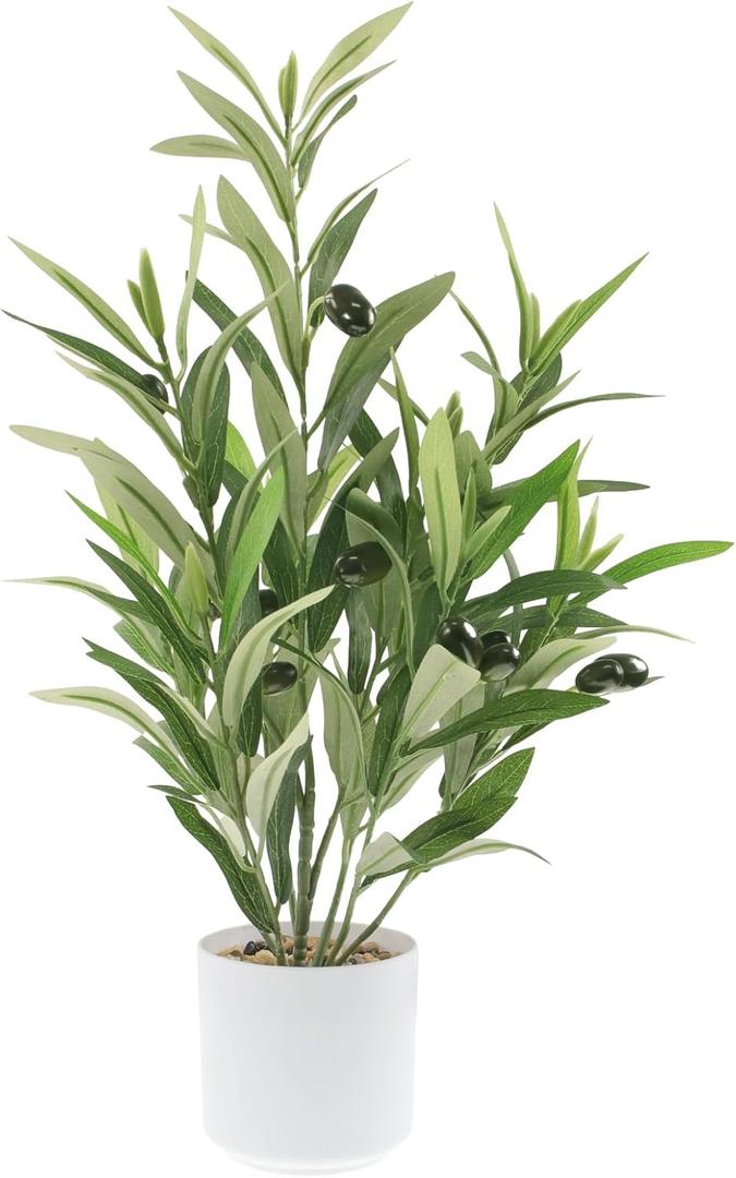 Artificial Olive Branches in Pot, Faux Greenery with White Pot, Fake Potted Green Plants Olive Stems Tables Centerpiece for Desk Shelf Cabinet Bedroom Livingroom Kitchen Indoor Home Decor