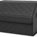 1 Pc Leather Trunk Organizer for SUV & Sedans - Extra Large Foldable Car Storage Box with Lid, Adjustable Removable Dividers and Carry Handle, Collapsible Auto Cargo Organizer Black