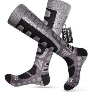 OutdoorMaster Merino Wool Ski Socks, 2/3 Pairs Compression Over The Calf for Men & Women, Winter Snowboard Thermal Socks (Black, XL)