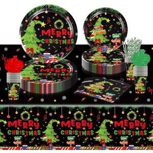Christmas Novelty Party Tableware Set  Serves 25 Holiday Party Supplies, Disposable Plates, Tablecloth, Cups, Forks, Spoons, Knife, Napkins Dinnerware Utensils for Black Winter New Year Party
