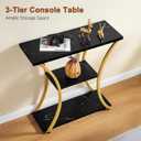 Hoctieon 3 Tier Console Table with Open Wood Shelves, Decorative Entryway Table with Curved Metal Frames, Narrow Sofa Table for Entrance, Living Room, Hallway, Gold and Black Marbled, 31.5" L x 11.8" W x 31.5" H
