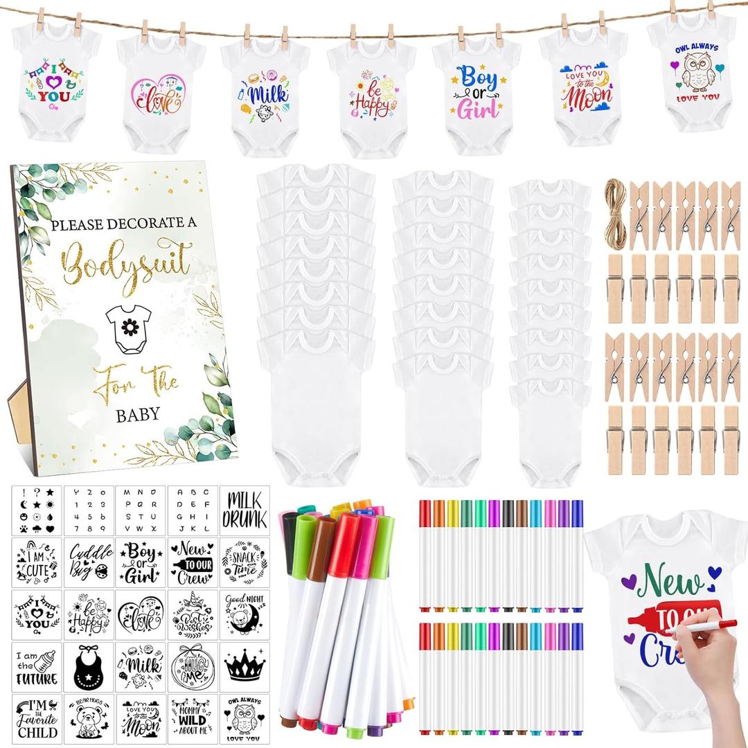 Panitay 126 Pcs Baby Shower DIY Bodysuit Set Bib 25 Blank White Newborn Bodysuit 25 Stencils 24 Marker 1 Sign 50 Pins(Greenery)