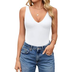 Avidlove Women's Sexy Plunge Deep V Neck Bodysuit Double Lined Sleeveless Thong Body Suit Leotard for Going Out Tank (White, L)