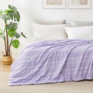 Cozy Bliss Seersucker Cooling Comforter Queen Size, Q-Max 0.45 Reversible Lightweight Cooling Blanket, Breathable Silk Smooth Summer Bedding Quilt for Hot Sleepers Night Sweats Purple