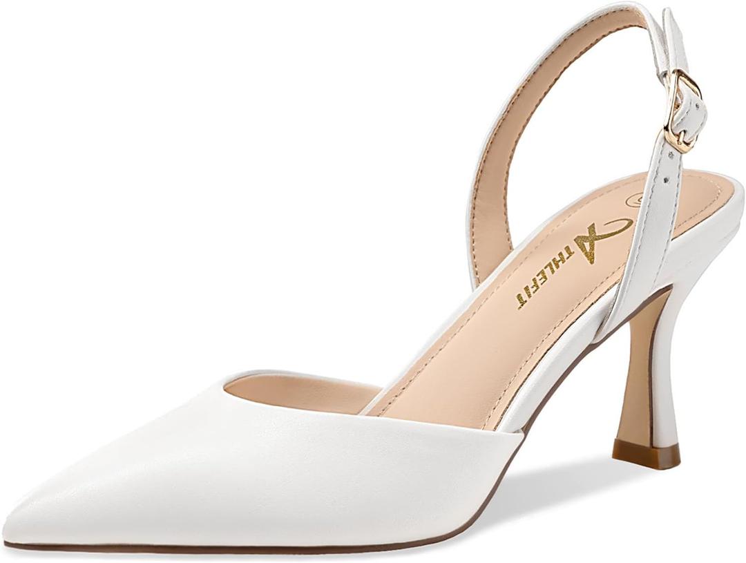 Athlefit Closed Pointed Toe Kitten Heels for Women Dress Work Wedding Party Slingback Stiletto Pumps Shoes (6.5, White)
