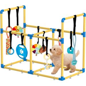 Puppy Play Gym Large & 10 Hanging Toys Indoor Play Gym Interactive Dog Toys for Boredom Enrichment Activity for Small Dog Teething PVC Frame Stretchy Rope with Velcro (Yellow,33.5 x 28.5 x 19.6 inch)