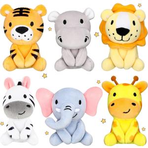 6 Pcs Mini Stuffed Forest Animals Jungle Bulk Plush Animal Toys 4 Inch Cute Plush Elephant Lion Giraffe for Baby Shower Christmas Birthday Gift Stuffer Toy Themed Party Decoration(Lovely)