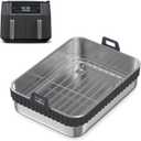 Air Fryer Liner Pan Set Stainless Steel Heavy Duty Double Pan Tray with Rack & Removable Handle for Ninja Foodi DZ401/DZ550/AF400EU/AF400EUPC/SL400EU Cosori (without Lid) | with Rack & Silicone Handlefor Ninja Foodi DZ401/DZ550/AF400EU/AF400EUPC/SL400EU Cosori