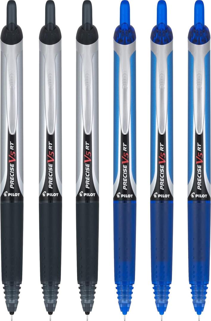 PILOT Precise V5 RT Retractable Rolling Ball Pens, Extra Fine Point, 3 Black & 3 Blue, 6 Pens, Pack Of 1