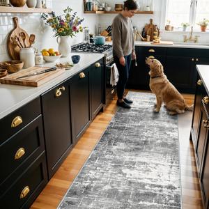 Washable 2X10 Kitchen Area Rug: Entryway Abstract Rug Runner Soft Bedroom Besides Floor Mat Non-Slip Indoor Farmhouse Carpet for Bathroom Living Room Stain Resistant Runner for Family(2x10,Black/Grey)